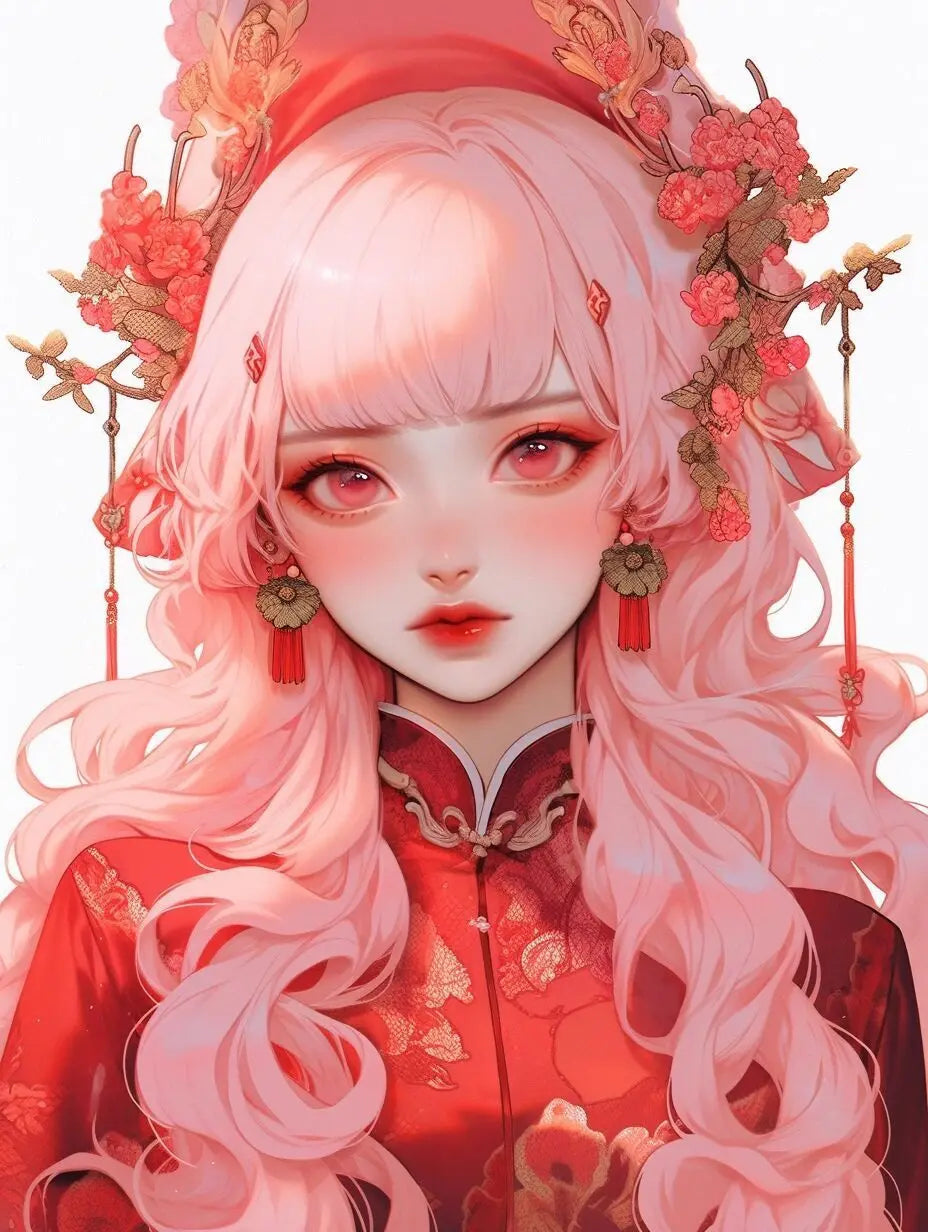 diamond painting kit of anime girl with pink bangs and traditional attire, surrounded by floral decorations.
