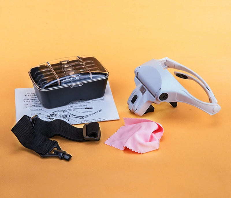 diamond painting magnifying headset with accessories on a yellow background, 