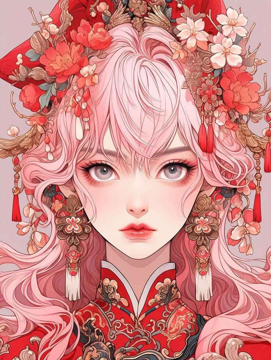 diamond painting of an anime character with pink hair and traditional attire, surrounded by flowers and decorative elements.