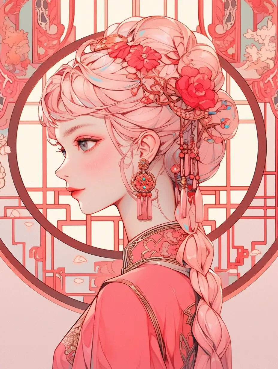 diamond painting of side view of anime girl with traditional attire and floral hair accessories on a decorative background.