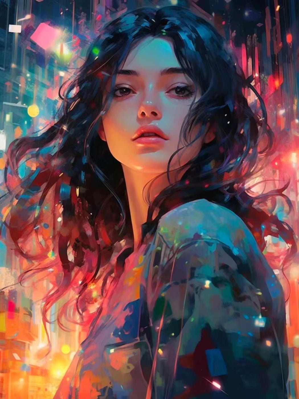 Artistic anime diamond painting depiction of a woman with colorful, abstract background