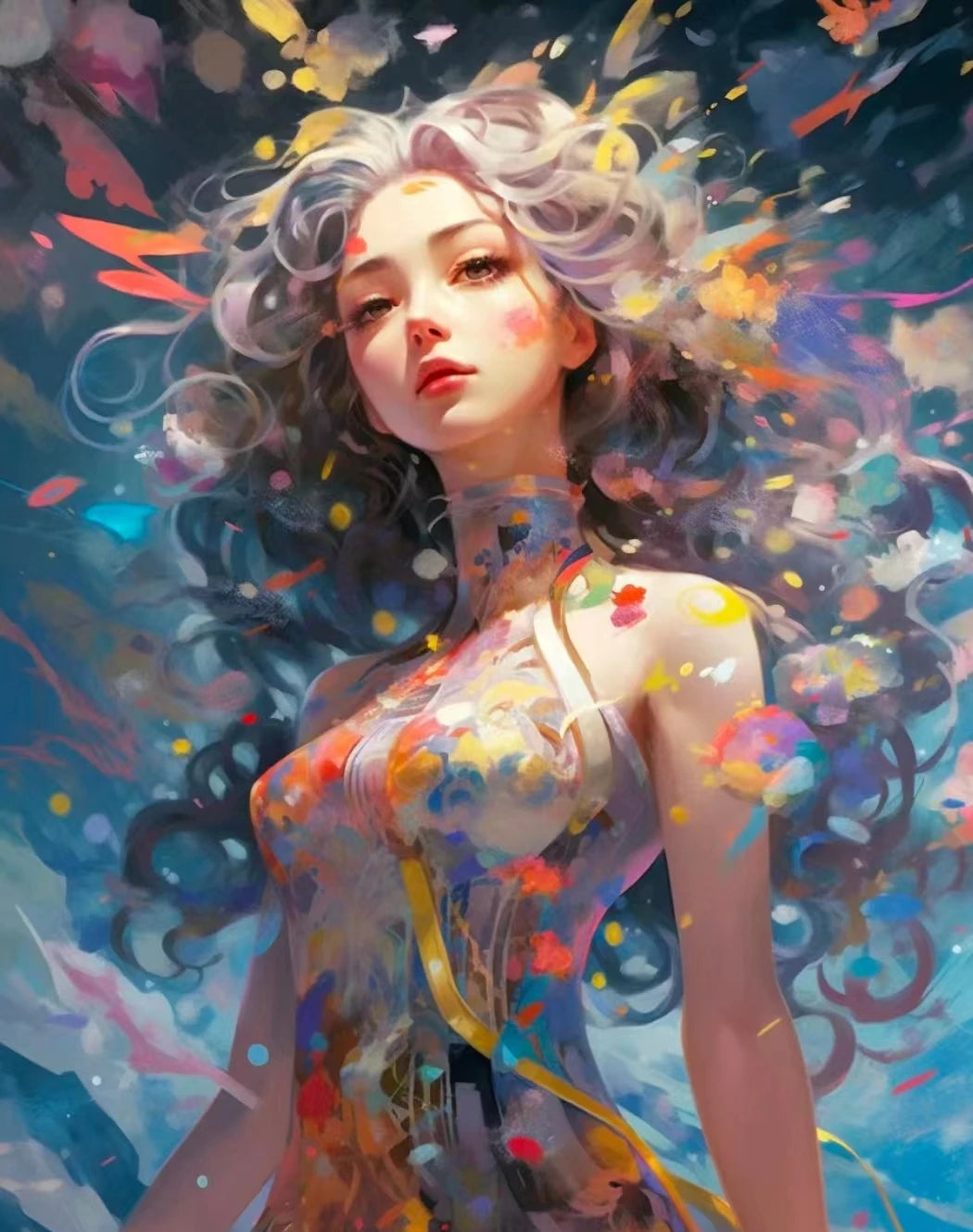 Colorful diamond painting artwork of a woman with flowing hair and abstract background