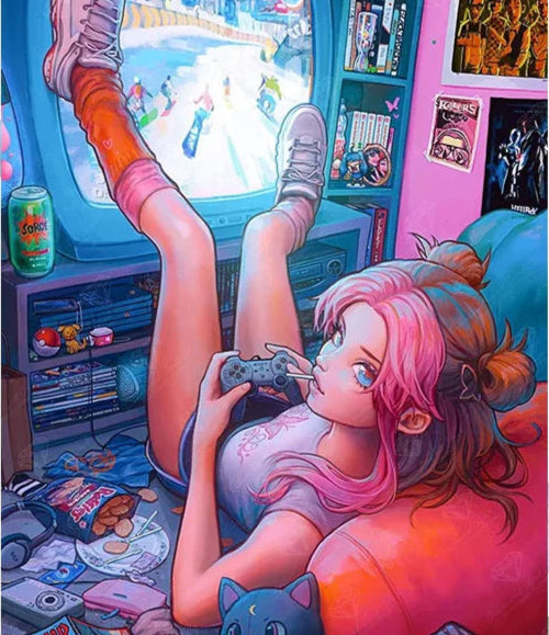 Illustration of a person playing an arcade game with colorful graphics and text overlay.