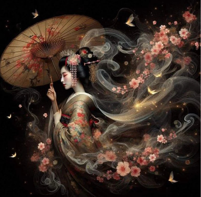 Artistic depiction of a geisha woman in traditional attire with cherry blossoms and an umbrella on a dark background
