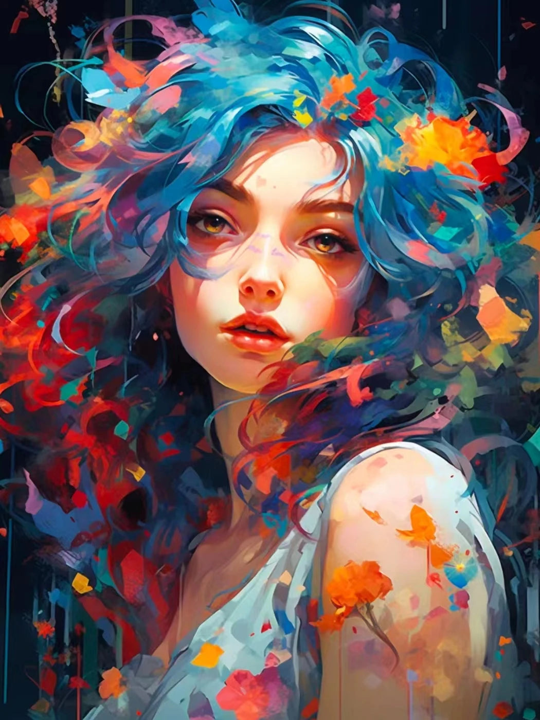 Colorful diamond painting anime artwork of a woman with vibrant hair and flowers.