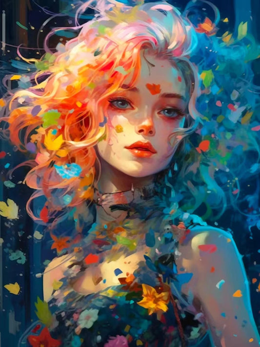 Colorful diamond painting artwork of a woman with flowing hair and abstract background