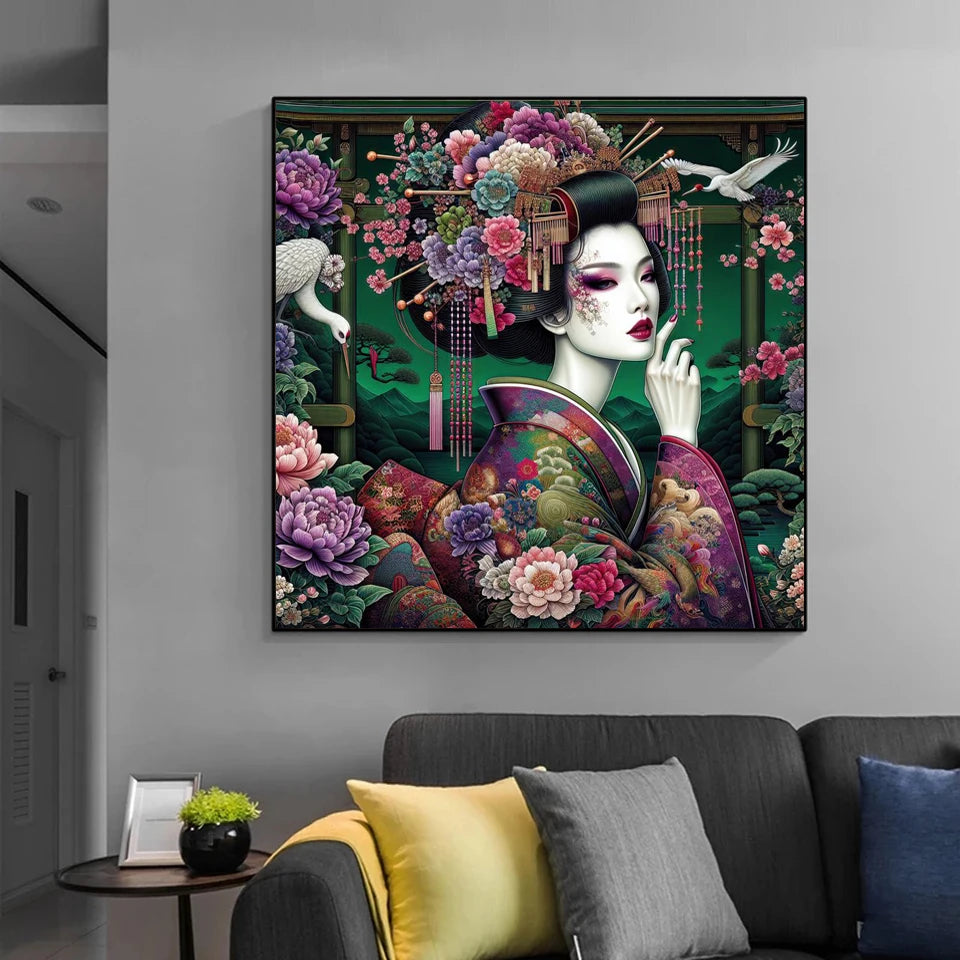 Framed diamond painting artwork of a geisha surrounded by flowers and birds in a living room.