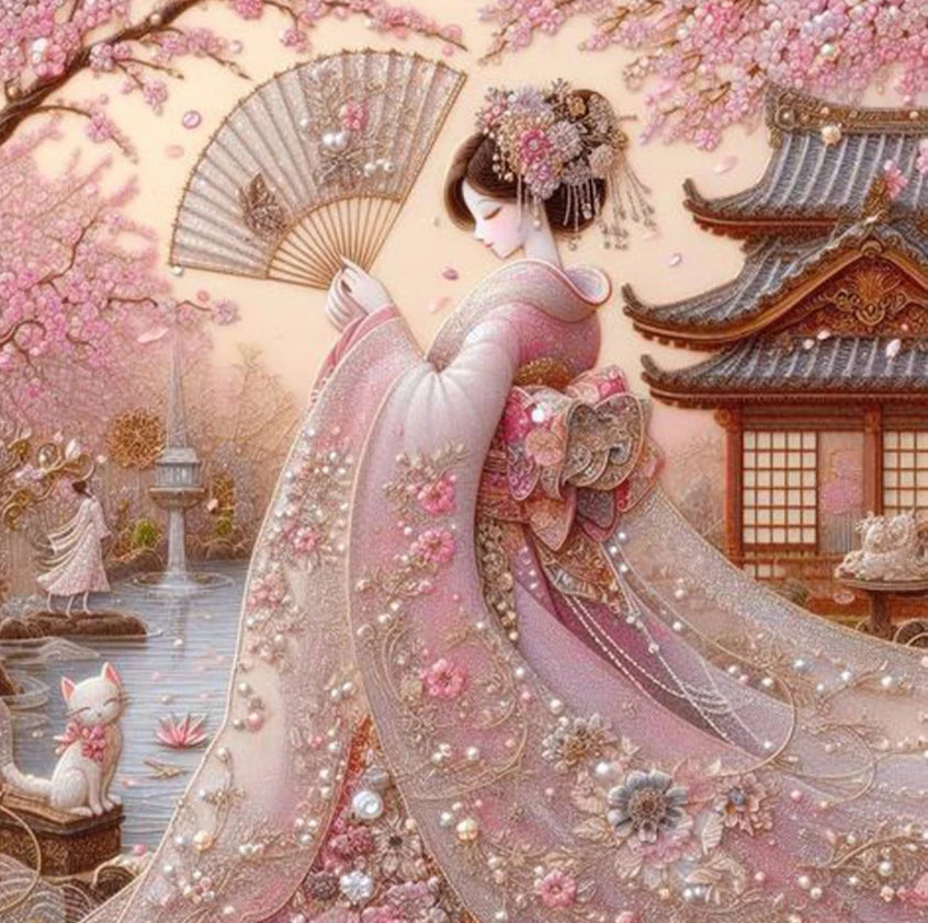 A Diamond Painting of a Woman in traditional geisha attire attire with cherry blossoms and a temple in the background
