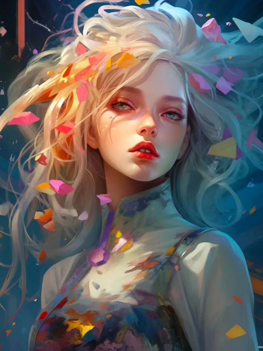 Artistic diamond painting depiction of an anime with colorful hair and clothing against a dark background