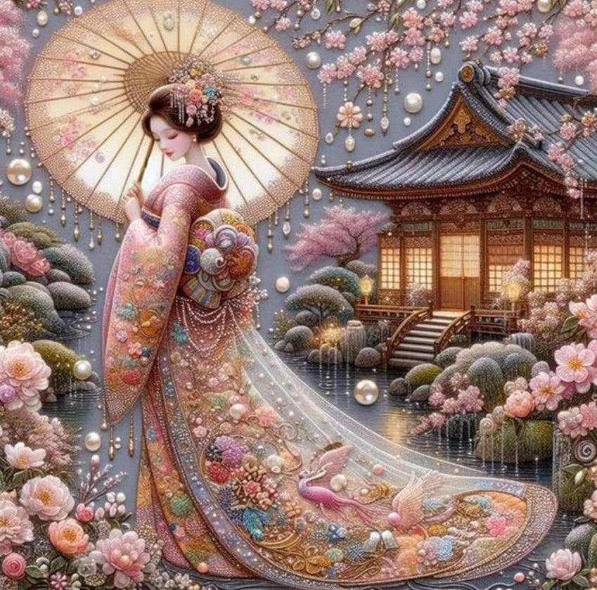 Diamond painting of a Woman in traditional Japanese attire with an umbrella in a scenic setting with cherry blossoms and a temple.