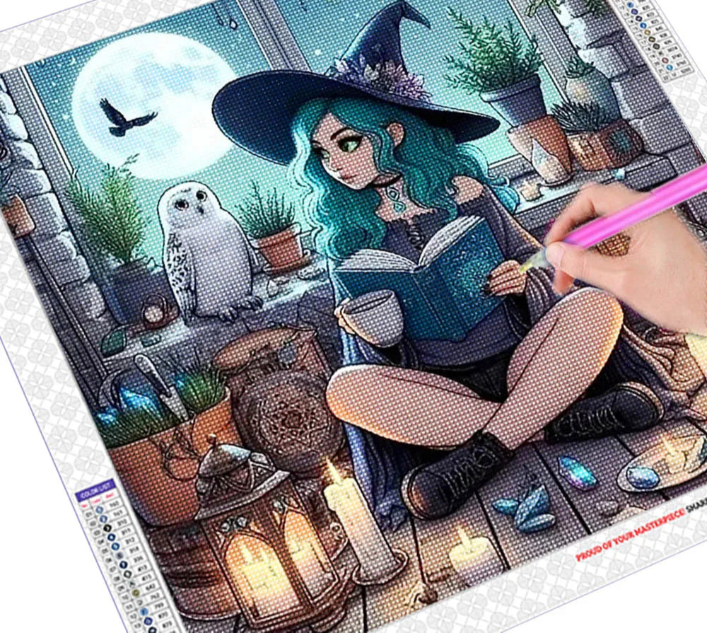 DIY diamond painting kit with a witch character and owl on a white background